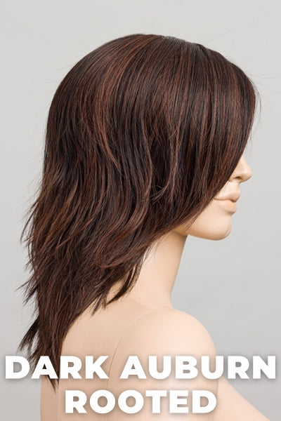 Ellen Wille - Flow - Dark Auburn Rooted. Dark Auburn, Bright Copper Red, and Dark Brown blend with darker roots.