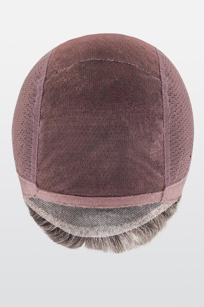 Top of the cap construction showing a lace front hand tied top.