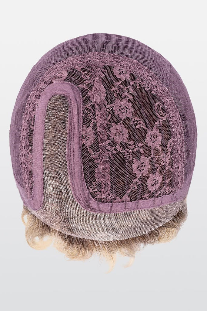 Front of Scala's cap construction, showing the monofilament part and extended lace front.