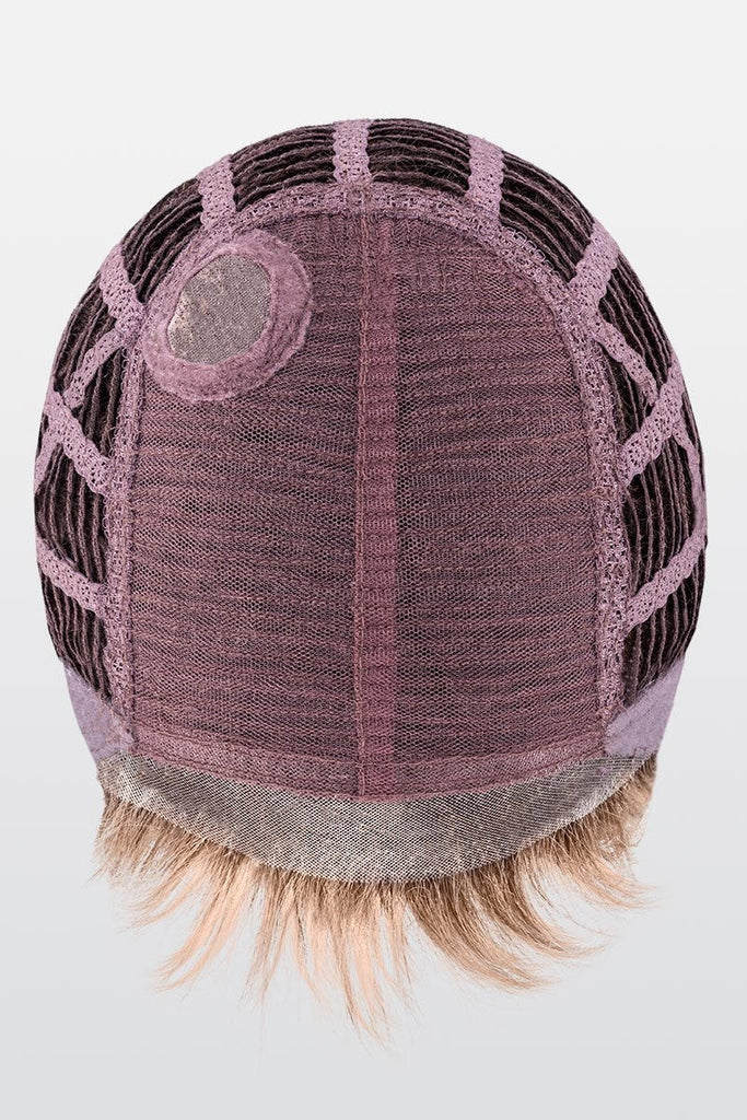 Front of Yoko cap construction, showing the monofilament crown and extended lace front.