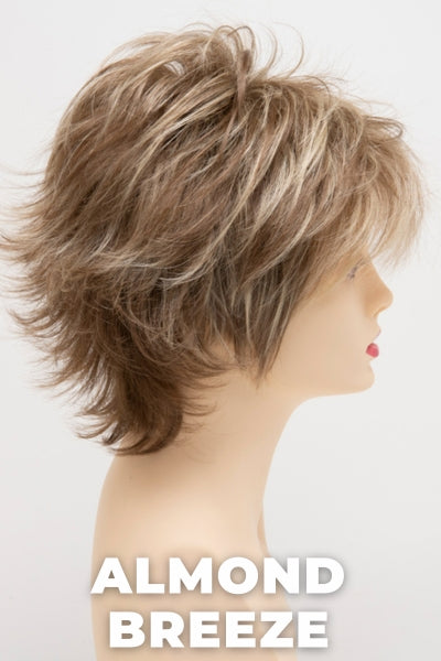 Color Swatch Almond Breeze for Envy wig Aria Human Hair Blend. Dark warm honey blonde with subtle creamy blonde and pale blonde highlights.