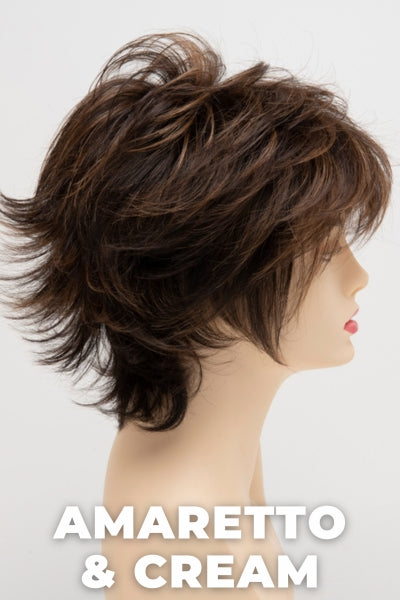 Color Swatch Amaretto & Cream  for Envy wig Aria Human Hair Blend.  Medium brown base with dark brown roots and subtle blonde highlights with a gold and red undertone.