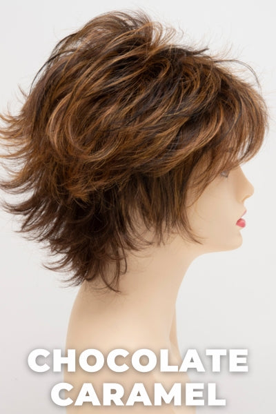 Color Swatch Chocolate Caramel for Envy wig Aria Human Hair Blend. Rich chocolate brown with warm golden chestnut brown highlights.