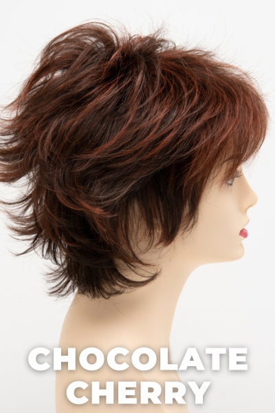 Color Swatch Chocolate Cherry  for Envy wig Aria Human Hair Blend.  Medium brown base with subtle red undertones and deep copper and golden brown highlights.