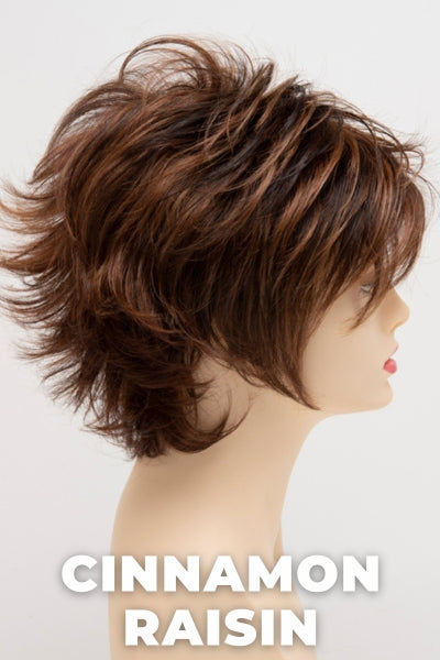 Color Swatch Cinnamon Raisin for Envy wig Aria Human Hair Blend. A blend of medium chestnut brown with subtle golden auburn highlights.