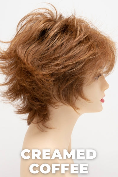 Color Swatch Creamed Coffee  for Envy wig Aria Human Hair Blend.  Rich brown base with a warm Mahogony and copper brown with strawberry blonde dimensions.