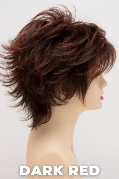 Color Swatch Dark Red for Envy wig Aria Human Hair Blend. Dark auburn red base with a blend of deep copper, mahogany and bright burgundy woven throughout.