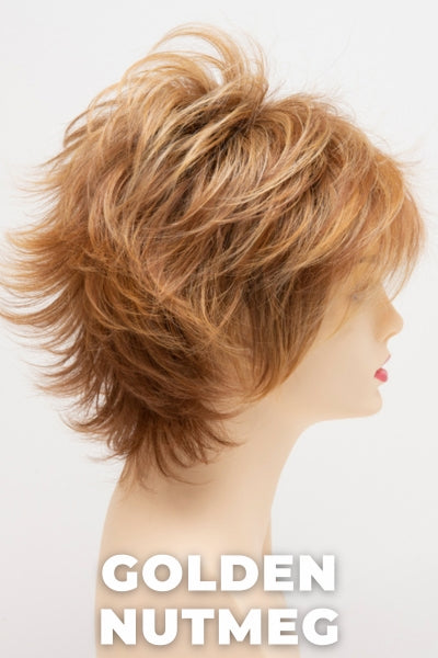 Color Swatch Golden Nutmeg  for Envy wig Aria Human Hair Blend.  Medium brown base with a red hue, golden blonde highlights and a rich chocolate brown root.