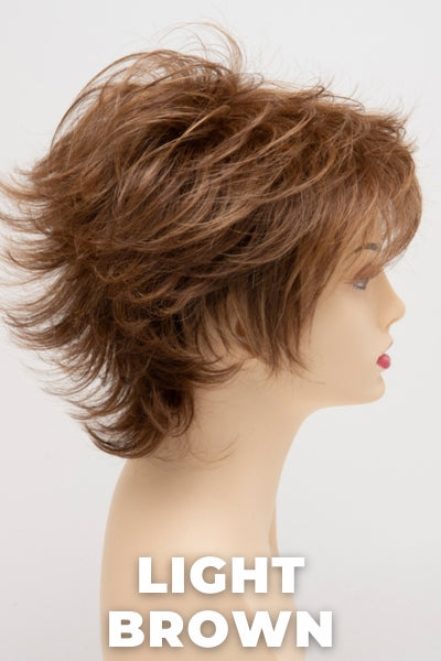 Color Swatch Light Brown for Envy wig Aria Human Hair Blend. Light brown base with warm golden undertones and reddish brown highlights.