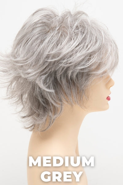 Color Swatch Medium Grey for Envy wig Aria Human Hair Blend. A silvery blend of salt and pepper with medium brown woven throughout.