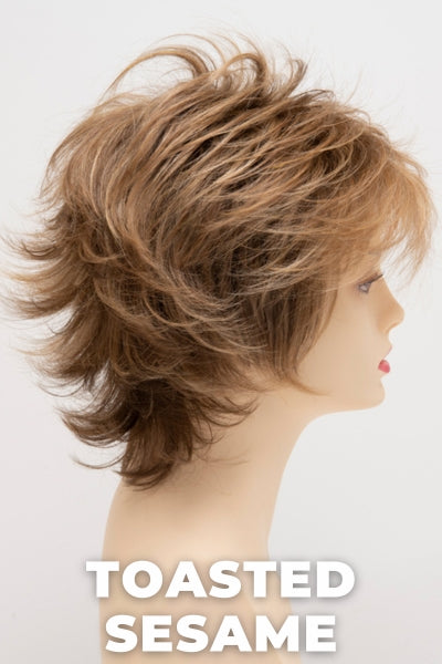 Color Swatch Toasted Sesame  for Envy wig Aria Human Hair Blend.  Light brown base with wheat blonde and dark blonde highlights and a chestnut brown rooting.