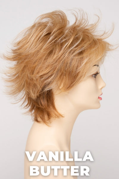 Color Swatch Vanilla Butter for Envy wig Aria Human Hair Blend. Golden blonde base with pale blonde and honey blonde highlights.