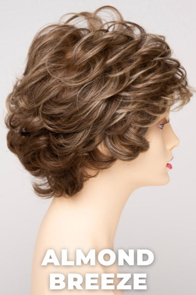 Color Swatch Almond Breeze for Envy wig Aubrey Human Hair Blend. Dark warm honey blonde with subtle creamy blonde and pale blonde highlights.