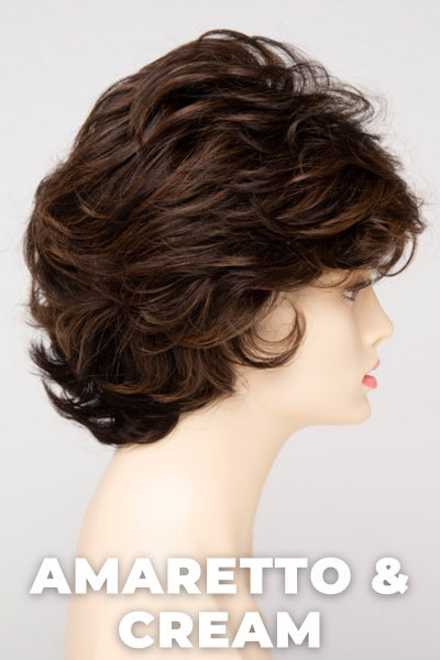 Color Swatch Amaretto & Cream for Envy wig Aubrey Human Hair Blend.  Medium brown base with dark brown roots and subtle blonde highlights with a gold and red undertone.