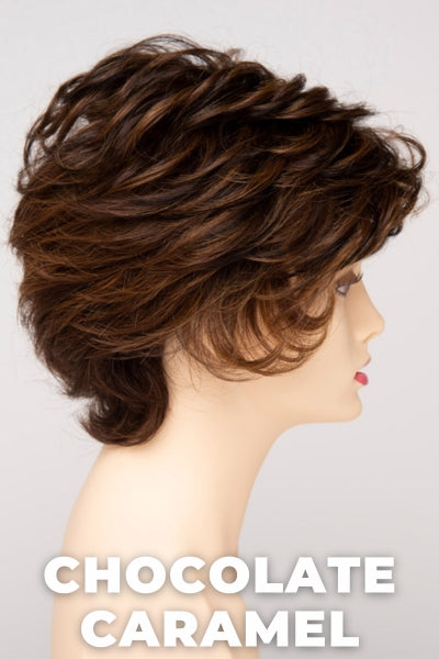 Color Swatch Chocolate Caramel for Envy wig Aubrey Human Hair Blend. Rich chocolate brown with warm golden chestnut brown highlights.