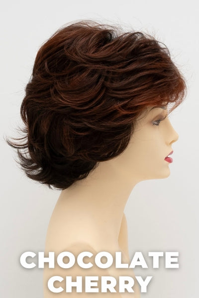 Color Swatch Chocolate Cherry for Envy wig Aubrey Human Hair Blend.  Medium brown base with subtle red undertones and deep copper and golden brown highlights.