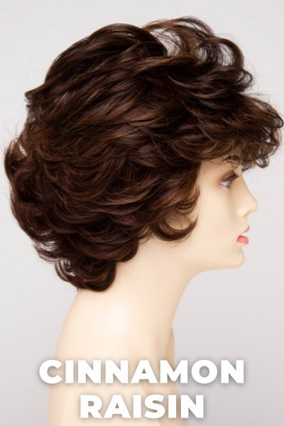 Color Swatch Cinnamon Raisin for Envy wig Aubrey Human Hair Blend. A blend of medium chestnut brown with subtle golden auburn highlights.