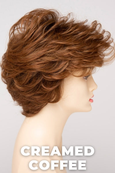 Color Swatch Creamed Coffee for Envy wig Aubrey Human Hair Blend.  Rich brown base with a warm Mahogony and copper brown with strawberry blonde dimensions.