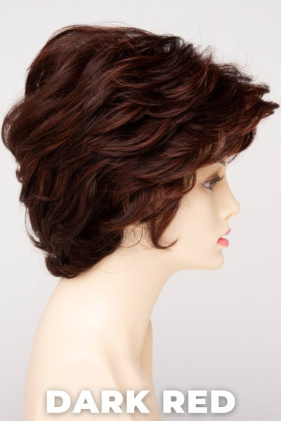 Color Swatch Dark Red for Envy wig Aubrey Human Hair Blend. Dark auburn red base with a blend of deep copper, mahogany and bright burgundy woven throughout.