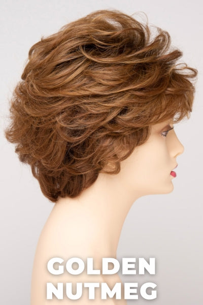 Color Swatch Golden Nutmeg for Envy wig Aubrey Human Hair Blend.  Medium brown base with a red hue, golden blonde highlights and a rich chocolate brown root.