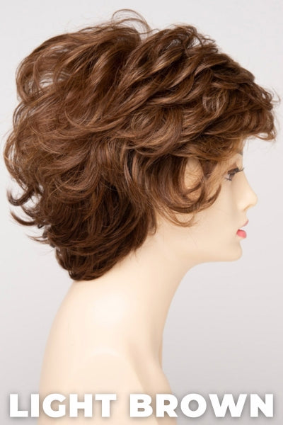 Color Swatch Light Brown for Envy wig Aubrey Human Hair Blend. Light brown base with warm golden undertones and reddish brown highlights.