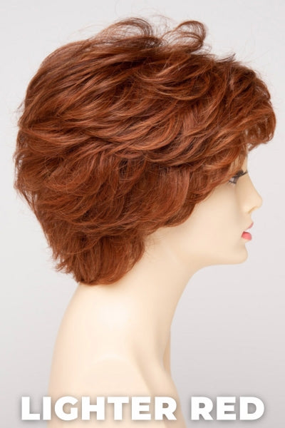 Color Swatch Lighter Red for Envy wig Aubrey Human Hair Blend. Auburn red base with bright copper and golden strawberry blonde highlights.