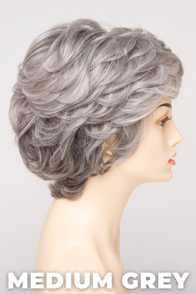 Color Swatch Medium Grey for Envy wig Aubrey Human Hair Blend. A silvery blend of salt and pepper with medium brown woven throughout.