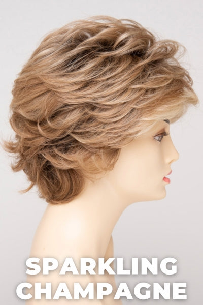 Color Swatch Sparkling Champagne for Envy wig Aubrey Human Hair Blend.  Golden blonde base with champagne and pale blonde highlights and a chestnut brown rooting.