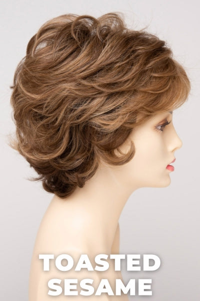 Color Swatch Toasted Sesame for Envy wig Aubrey Human Hair Blend.  Light brown base with wheat blonde and dark blonde highlights and a chestnut brown rooting.