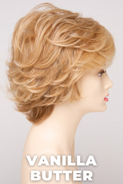 Color Swatch Vanilla Butter for Envy wig Aubrey Human Hair Blend. Golden blonde base with pale blonde and honey blonde highlights.