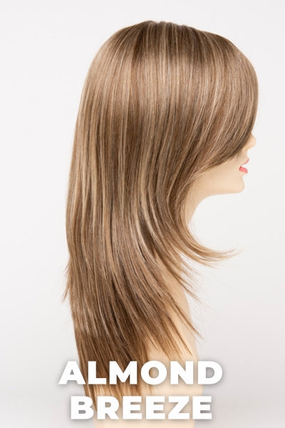 Color Swatch Almond Breeze for Envy wig Ava Human Hair Blend. Dark warm honey blonde with subtle creamy blonde and pale blonde highlights.