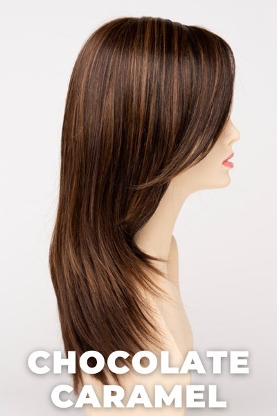 Color Swatch Chocolate Caramel for Envy wig Ava Human Hair Blend. Rich chocolate brown with warm golden chestnut brown highlights.