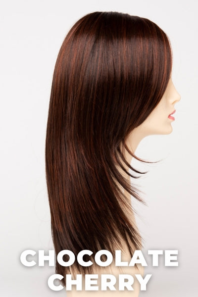 Color Swatch Chocolate Cherry  for Envy wig Ava Human Hair Blend.  Medium brown base with subtle red undertones and deep copper and golden brown highlights.
