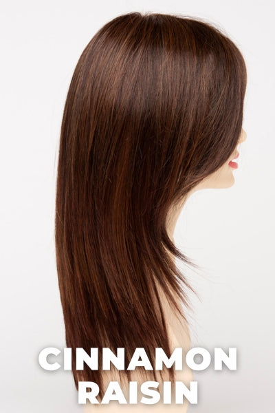 Color Swatch Cinnamon Raisin for Envy wig Ava Human Hair Blend. A blend of medium chestnut brown with subtle golden auburn highlights.