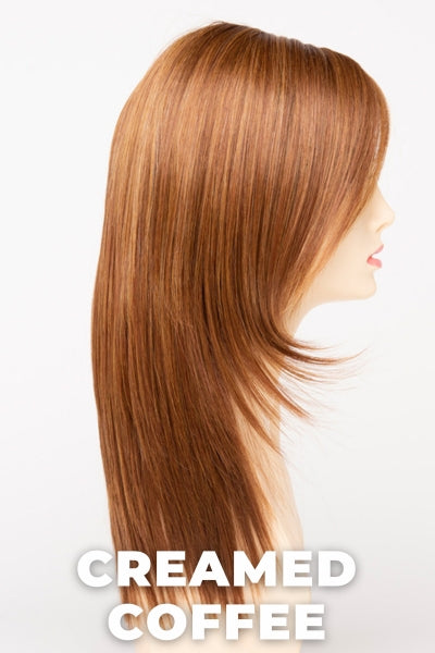 Color Swatch Creamed Coffee  for Envy wig Ava Human Hair Blend.  Rich brown base with a warm Mahogony and copper brown with strawberry blonde dimensions.