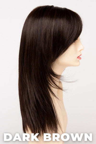 Color Swatch Dark Brown for Envy wig Ava Human Hair Blend. A blend of rich dark brown and dark mahogany brown with cool undertones.