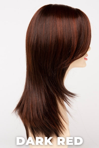 Color Swatch Dark Red for Envy wig Ava Human Hair Blend. Dark auburn red base with a blend of deep copper, mahogany and bright burgundy woven throughout.
