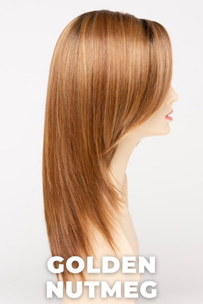 Color Swatch Golden Nutmeg  for Envy wig Ava Human Hair Blend.  Medium brown base with a red hue, golden blonde highlights and a rich chocolate brown root.