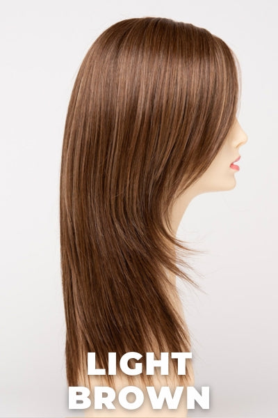 Color Swatch Light Brown for Envy wig Ava Human Hair Blend. Light brown base with warm golden undertones and reddish brown highlights.