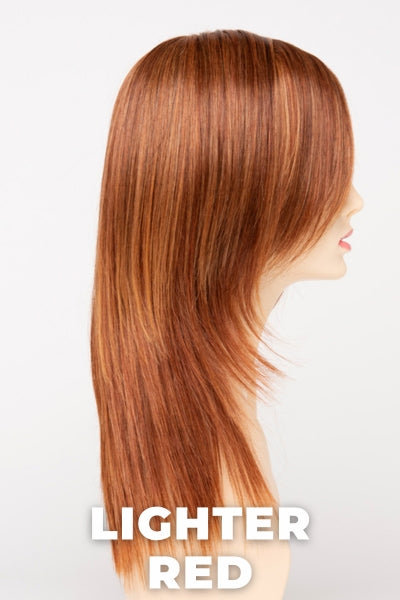 Color Swatch Lighter Red for Envy wig Ava Human Hair Blend. Auburn red base with bright copper and golden strawberry blonde highlights.