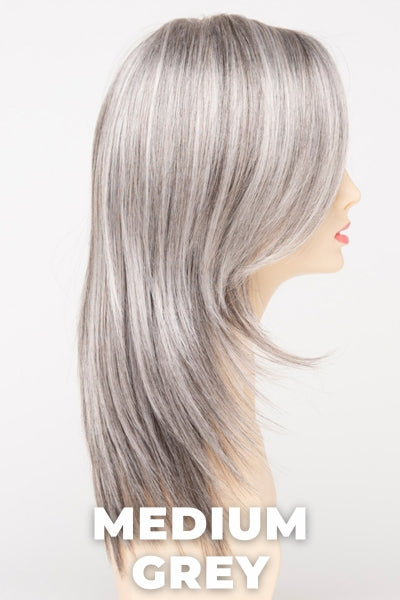 Color Swatch Medium Grey for Envy wig Ava Human Hair Blend. A silvery blend of salt and pepper with medium brown woven throughout.