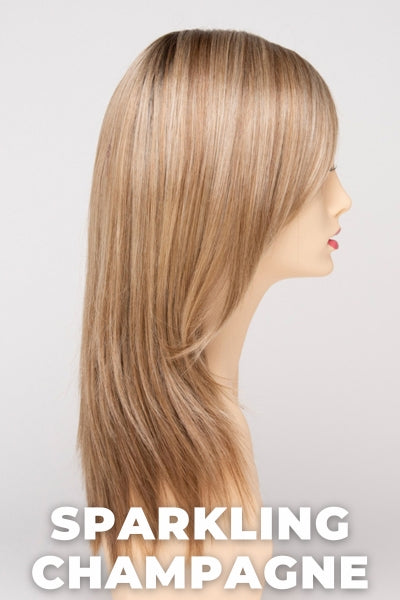 Color Swatch Sparkling Champagne  for Envy wig Ava Human Hair Blend.  Golden blonde base with champagne and pale blonde highlights and a chestnut brown rooting.