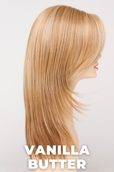 Color Swatch Vanilla Butter for Envy wig Ava Human Hair Blend. Golden blonde base with pale blonde and honey blonde highlights.