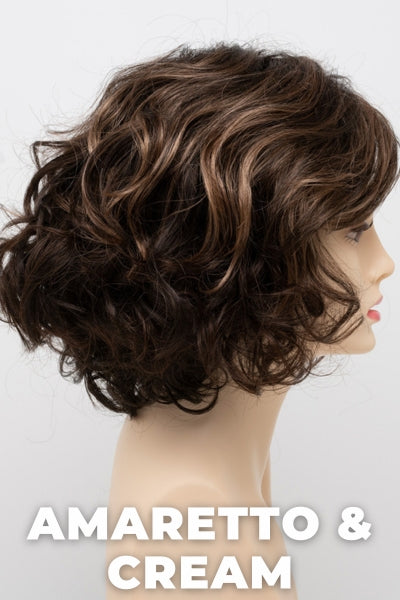 Color Swatch Amaretto & Cream for Envy wig Bianca.  Medium brown base with dark brown roots and subtle blonde highlights with a gold and red undertone.