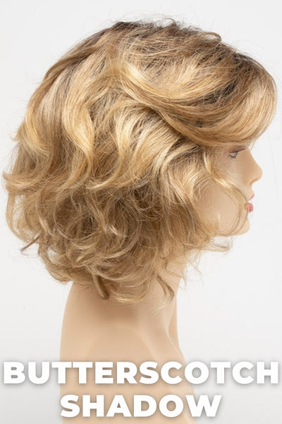 Color Swatch Butterscotch Shadow for Envy wig Bianca.  A blend of warm blonde with a pale light blonde base, golden undertones and dark brown rooting.