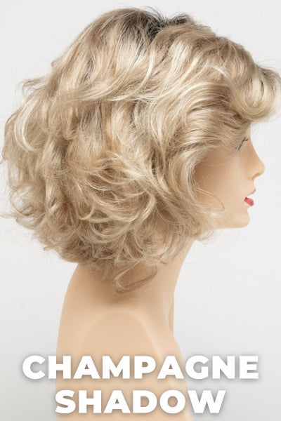 Color Swatch Champagne Shadow for Envy wig Bianca.  A blend of warm blonde with golden undertones and a pale light blonde base with dark brown rooting.