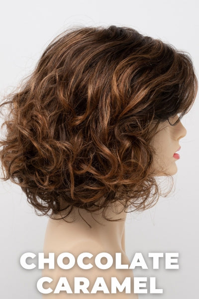 Color Swatch Chocolate Caramel for Envy wig Bianca. Rich chocolate brown with warm golden chestnut brown highlights.