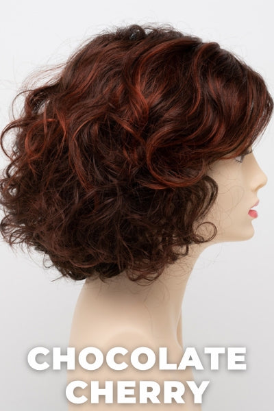 Color Swatch Chocolate Cherry for Envy wig Bianca.  Medium brown base with subtle red undertones and deep copper and golden brown highlights.