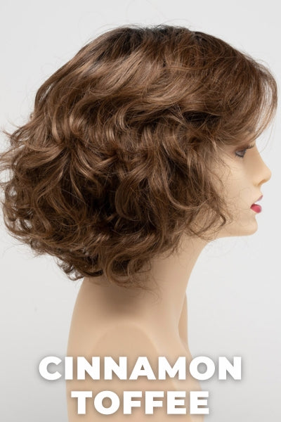 Color Swatch Cinnamon Toffee for Envy wig Bianca.  Blend of neutral and light golden brown base with rich dark brown rooting.