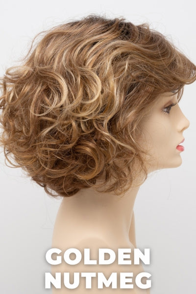 Color Swatch Golden Nutmeg for Envy wig Bianca.  Medium brown base with a red hue, golden blonde highlights and a rich chocolate brown root.